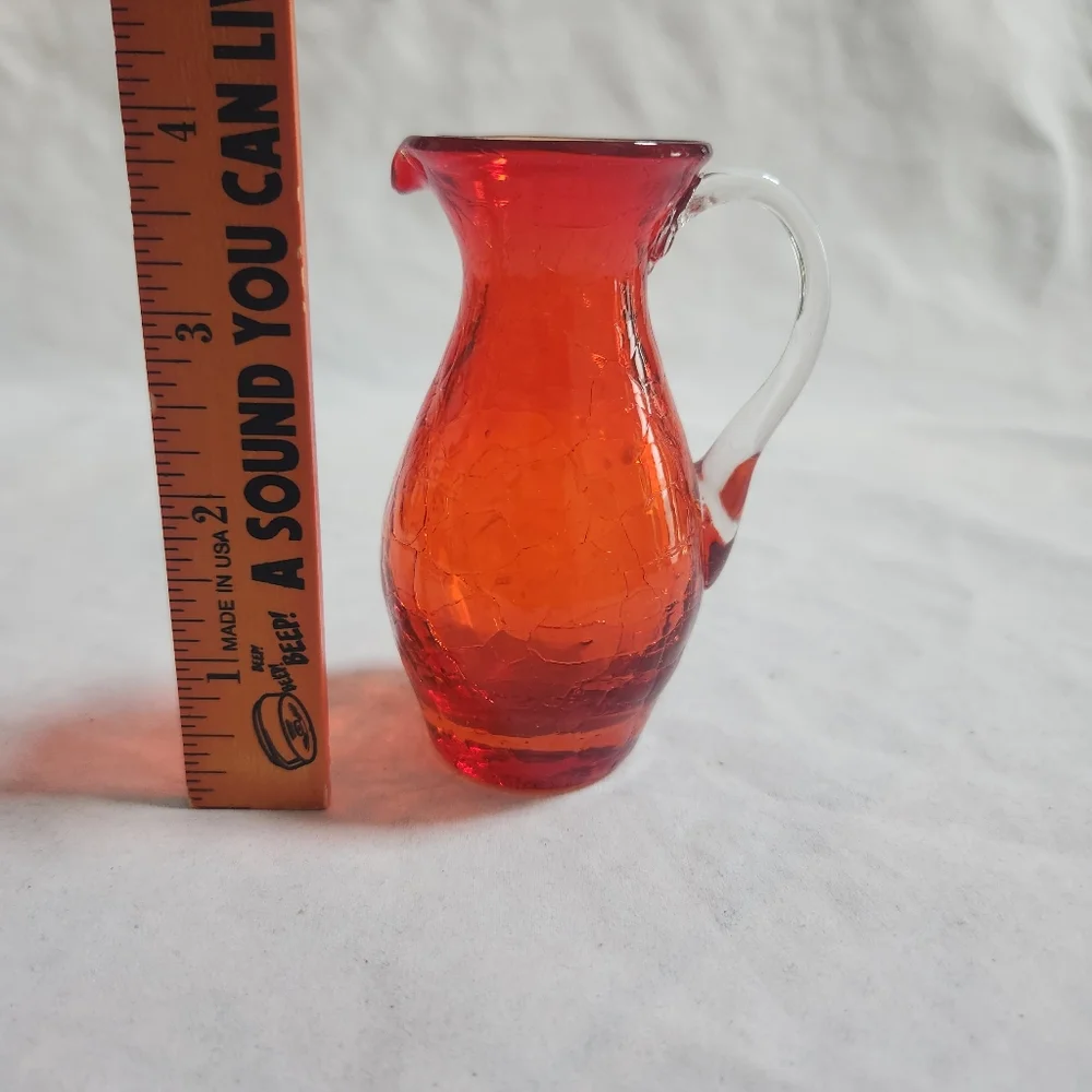 Vintage Red Orange Crackle Blown Art Glass Creamer